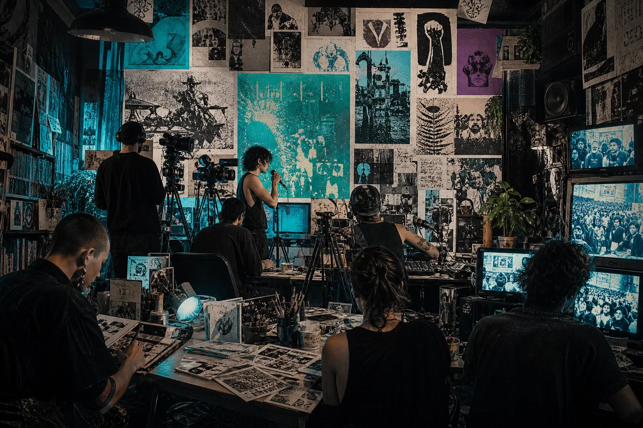 Radical media room with cameras, microphones, zines, posters, and handmade cyberpunk media tools