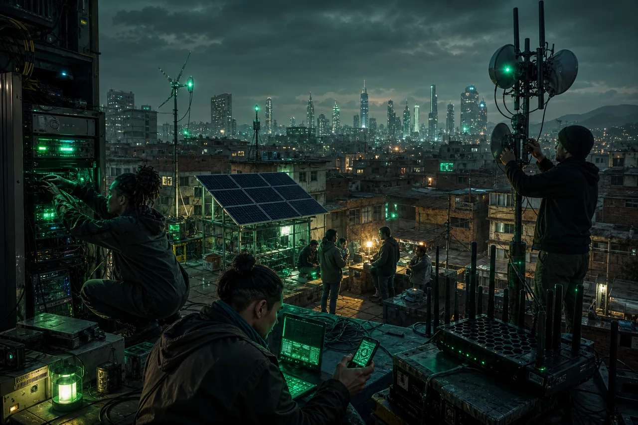 Community-owned infrastructure with rugged servers, solar-backed network equipment, and mesh antennas