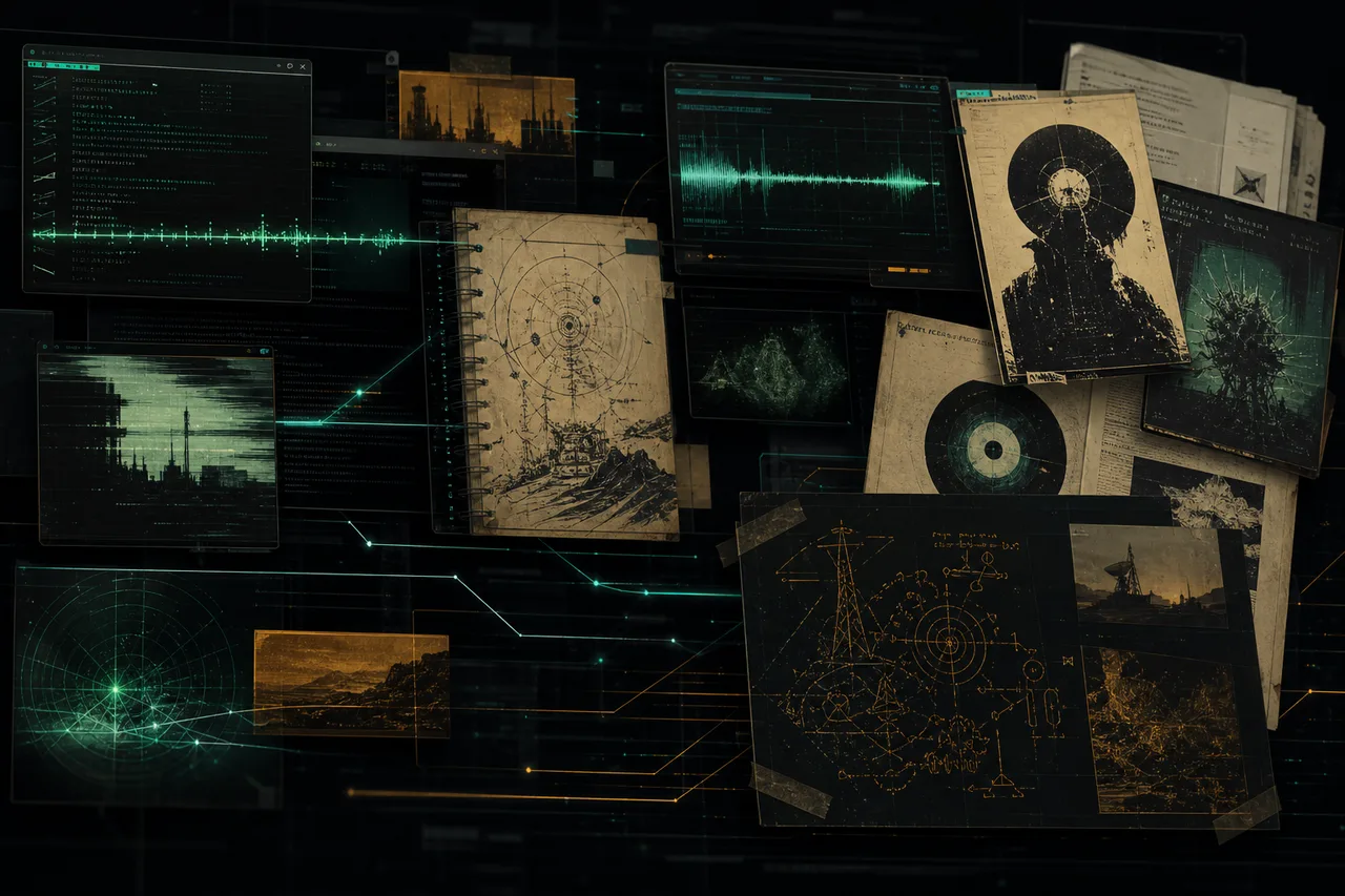 Editorial cyberpunk transmission collage with terminal windows, field notes, signal traces, zines, and diagrams
