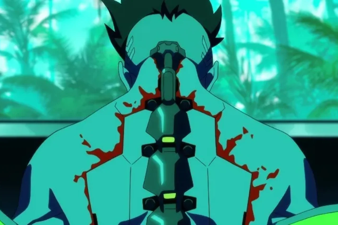 Stylized cybernetic spine and back implant glowing green against a teal laboratory background.