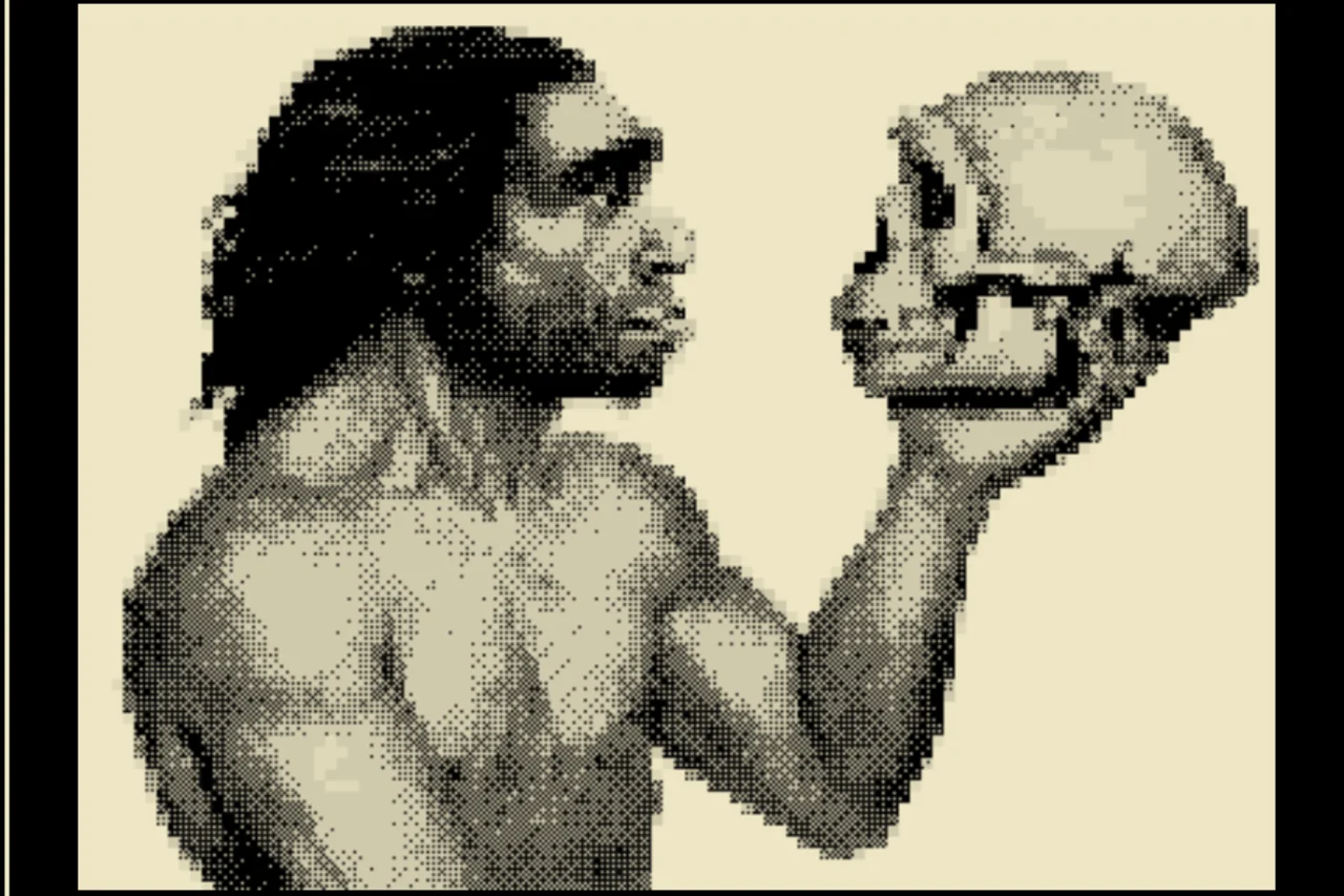 Pixelated caveman holding a skull, a retro net-art image for the Cyberspace Online community entry.