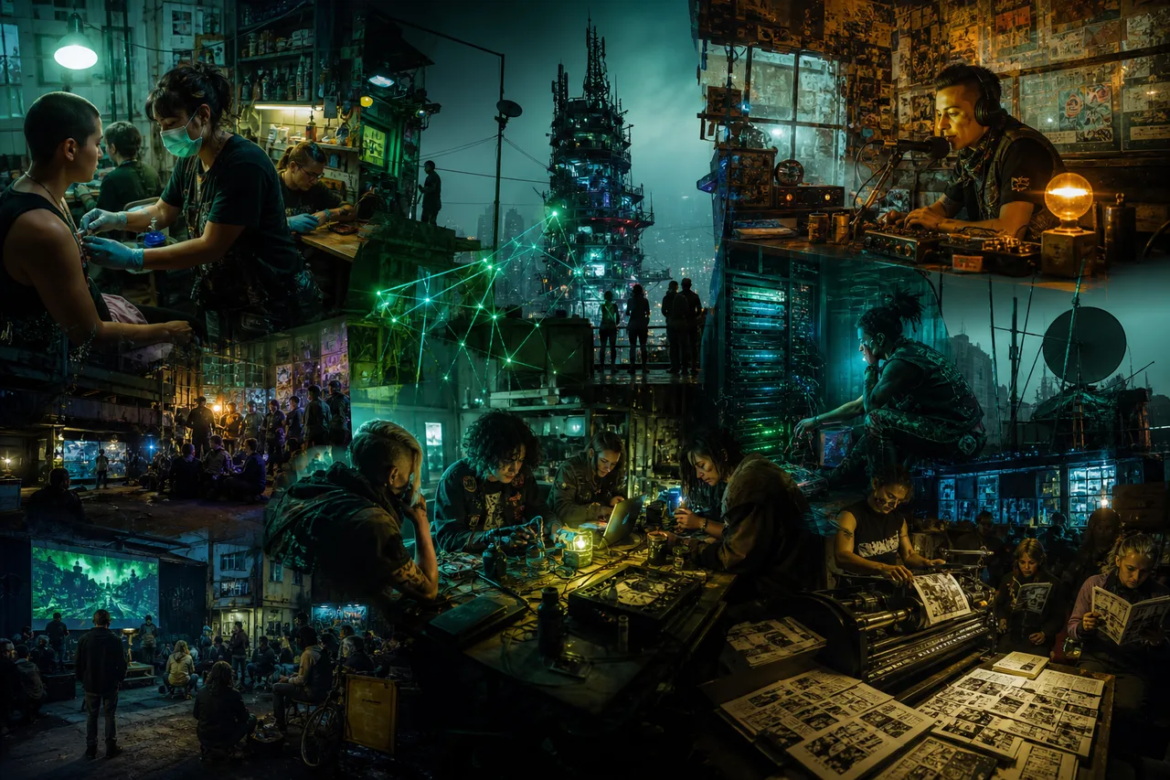 Living archive collage of community clinics, hackerspaces, pirate radio, autonomous servers, zines, and mesh networks