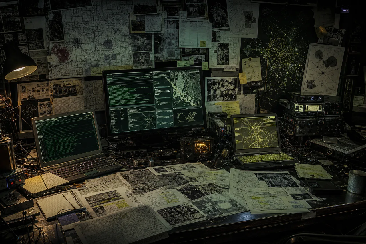 Research desk covered with zines, radios, terminals, and counterpower network notes