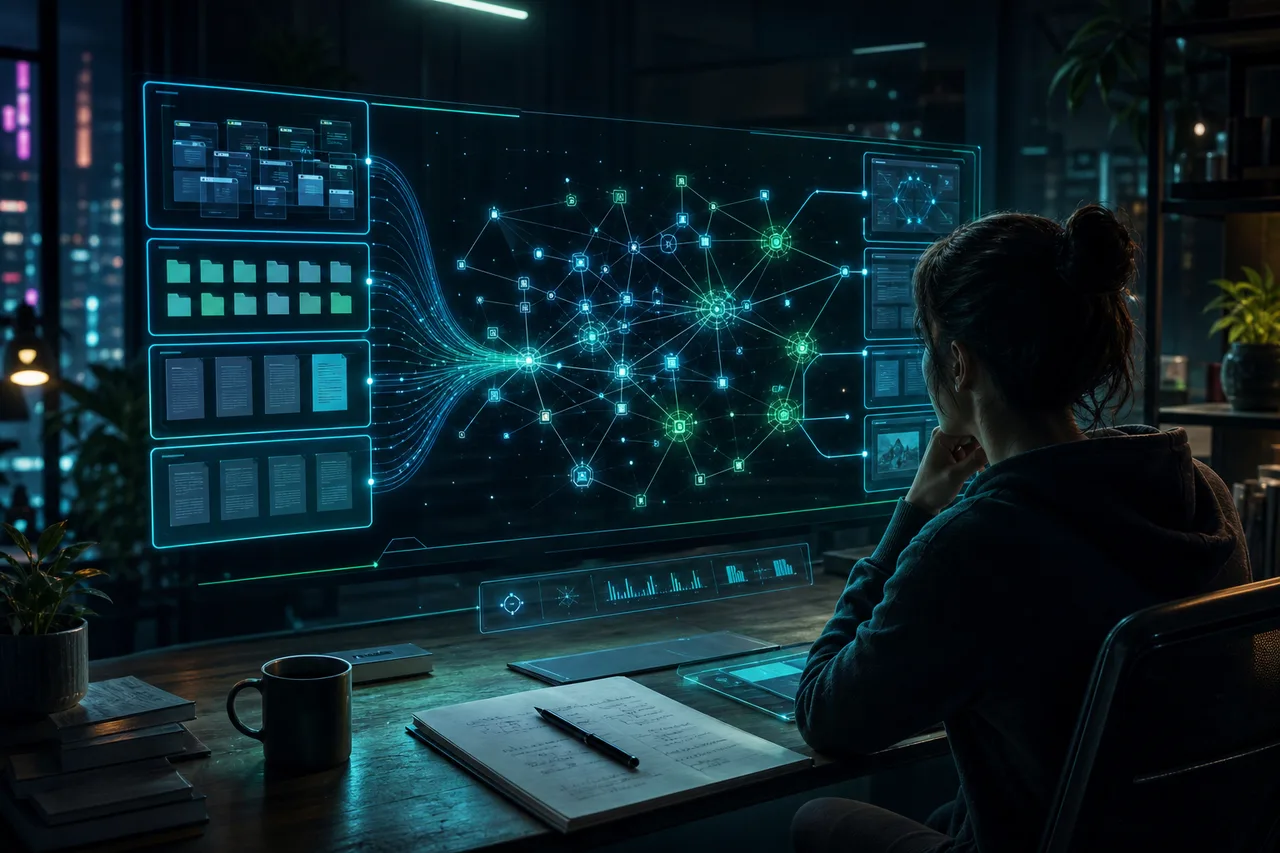 Research workspace where scattered tabs and notes become an organized searchable knowledge graph
