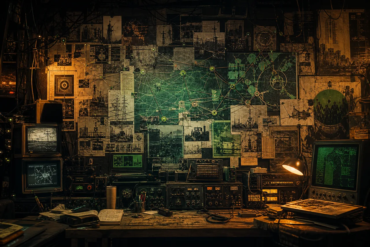 Research wall of counterpower networks with pins, cables, clippings, terminals, radio equipment, and zine textures
